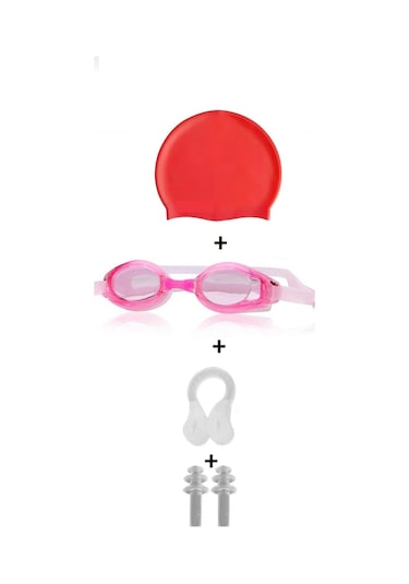 4lü Set Havuz Deniz Yüzücü Gözlüğü Boneli Tıkaçlı Uv Korumalı Set Çok Renkli