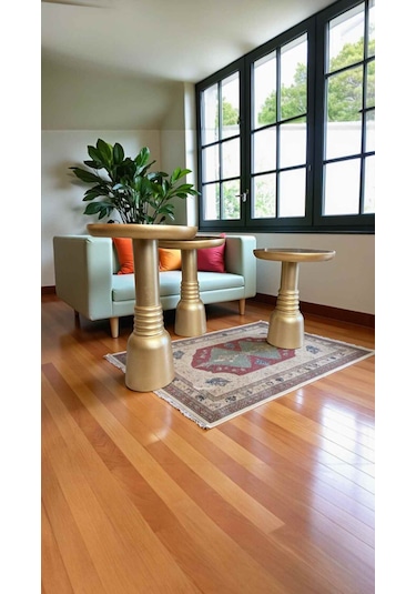 3 Lü Ahşap Yan Sehpa Seti Altın Varak Mantar Sehpa Modeli