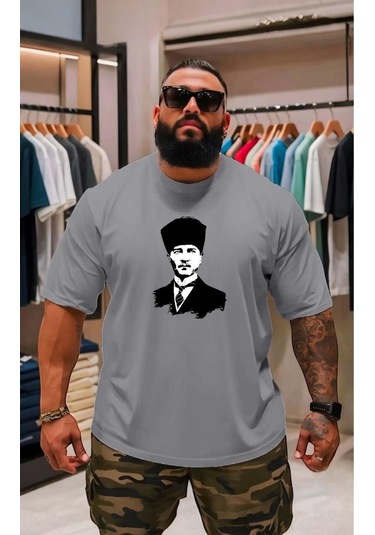 Atatürk Baskılı Oversize Unisex Tişört Gri
