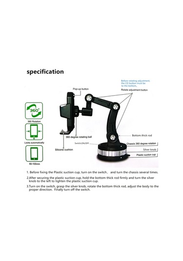 Primepickings Black Araç Telefon Tutucu 360 Derece Dönebilir Ayarlanabilir Yükseklik Açı Şok Emici Jel Tabanlı