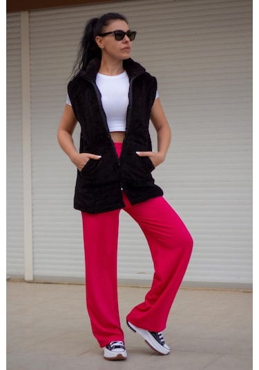 Kadın Siyah Peluş Welsoft Kalın Fermuarlı Hakim Yaka Yelek 23kylkmy10 001