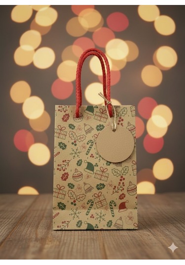 Yılbaşı Desenli Kraft Karton Çanta Seti - 6lı, Kırmızı Saplı Parti, Noel, Hediye Çantası, 12x17 Cm Standart