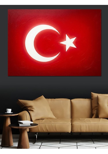 Parlak Ay Yıldız Detaylı Türk Bayrağı Dekoratif Kanvas - Mdf Ahşap Tablo