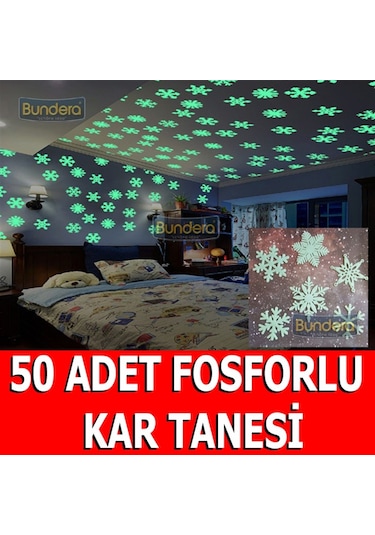 50 Adet Fosforlu Kar Tanesi Gece Parlayan Duvar Tavan Sticker Süs