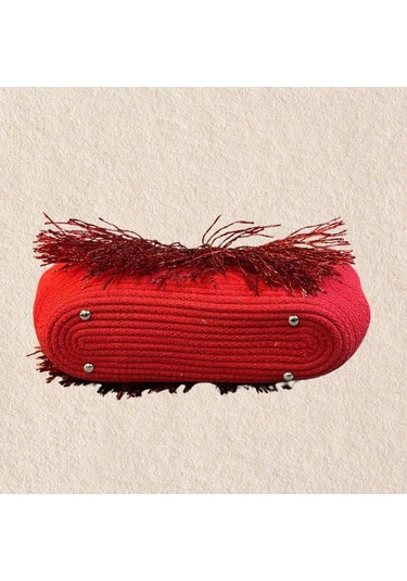Uretti - Ayşe 4723 2151 El Yapımı Tress İp Yuvarlak Metalik İp Saplı Püskül Detaylı Plaj Çantası - Kırmızı Kırmızı