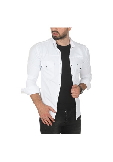 Deepsea Erkek Beyaz Büyük Beden Pamuklu Likralı Spor Gömlek Dar Kalıp, Çıt Çıt Kapamalı 2500423 Beyaz