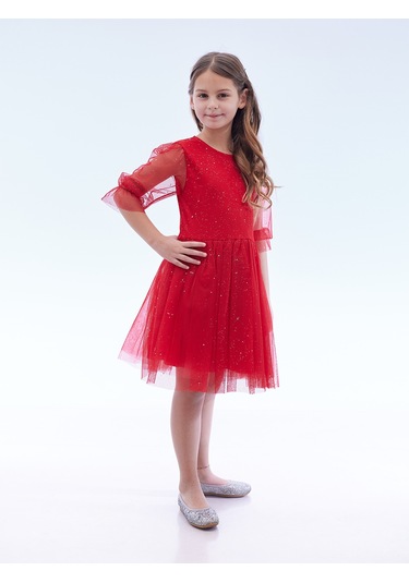 Ahengim Kız Çocuk Yıldız Baskılı Trend Tül Elbise Ak2246 Kırmızı