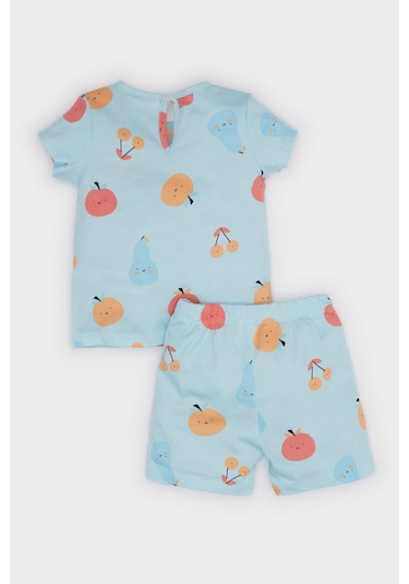 DeFacto Kız Bebek Pijama Takımı Desenli Kısa Kollu Penye Üst Beli Lastikli Şort E9604A525SMBE54 Mavi