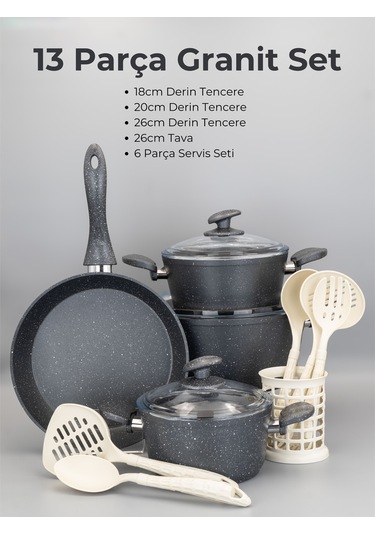 Bonera 13 Parça Granit Set - 18-20-26cm Tencere + 26 Tava + 6 Parça Kaşık Set