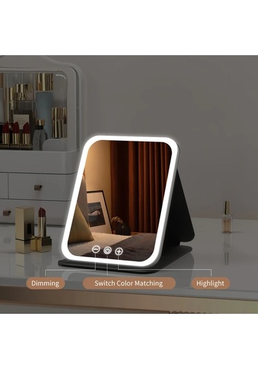 Honeybeeshop Pembe Işıklı Makyaj Aynası Taşınabilir 3 Renk Aydınlatma Dokunmatik Şarj Edilebilir Led Pembe