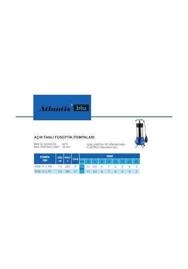 Atlantis Fos 11-1.1m 1.5 Hp 220v Açık Fanlı Pis Su Dalgıç  Pompa