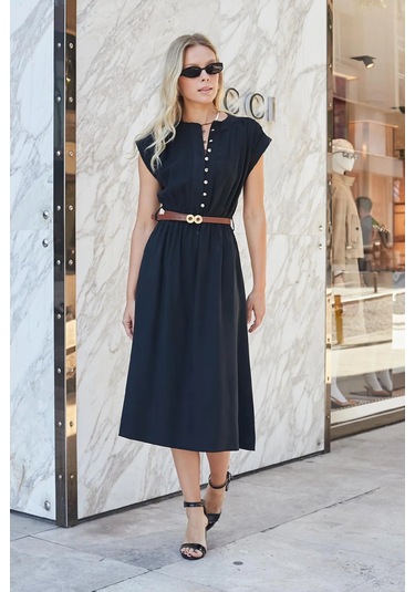 Kadın Yumuşak Dokulu İpeksi Modal Kumaş Hakim Yaka Beli Lastikli Önü Düğmeli Diz Altı Elbise-siyah Siyah Kadın Yumuşak Dokulu İpeksi Modal Kumaş Hakim Yaka Beli Lastikli Önü Düğmeli Diz Altı Elbise-siyah Siyah
