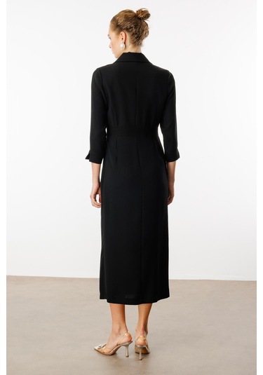 Moda İlgi Kadın Beli Aksesuarlı Cepli Kruvaze Elbise 6626 Siyah Siyah