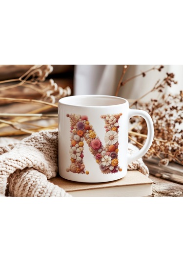 N Harfi Çiçek Desenli Kupa Bardak - Alfabe Harfleri İle Doğal Çiçekli Kupa - Hediye Fikir Beyaz