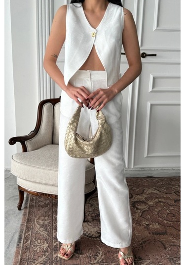 Keten Tek Düğme Yelek-pantolon Takım - Beyaz Beyaz