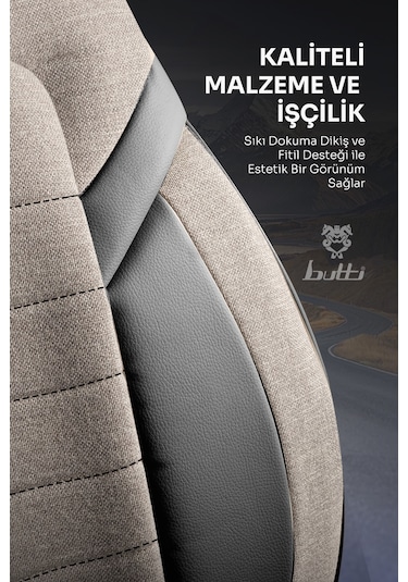 Bej - Siyah Butti Lino Serisi Keten Kumaş Premium Oto Koltuk Kılıfı Ortopedik Destekli, Ön Arka Tam Set