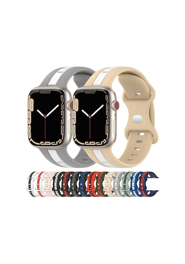 Sones Kelebek Tokalı İki Renkli Silikon  Saat Kordonu iOS Uyumlu  Watch Serisi 8-7 45mm / Se 2-6-se-5-4 44mm / 3-2-1 42mm