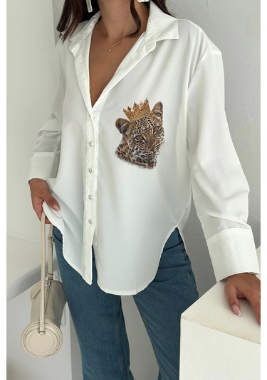 Kral Aslan Desen Baskılı Taşlı Gömlek Beyaz