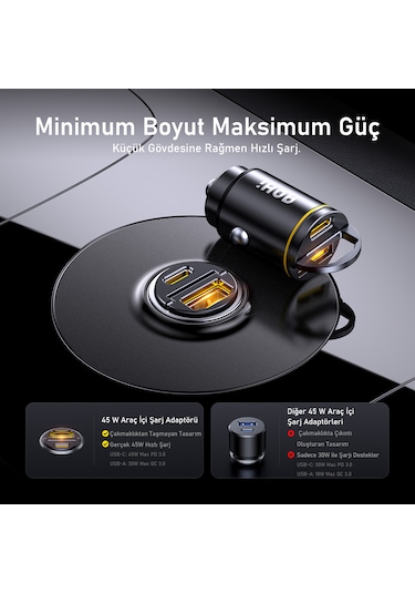 Aohi Superauto Araç Içi Şarjı, 2 Portlu Pd 45w Type-c To Type-c