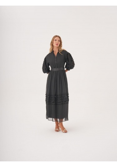 Dantel Detaylı Kemerli Şifon Gömlek Elbise Siyah