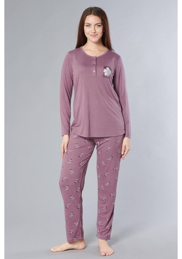 Uzun Kol Pijama Takımı Mevsimlik Viskon Alperi 790-64 MÜRDÜM