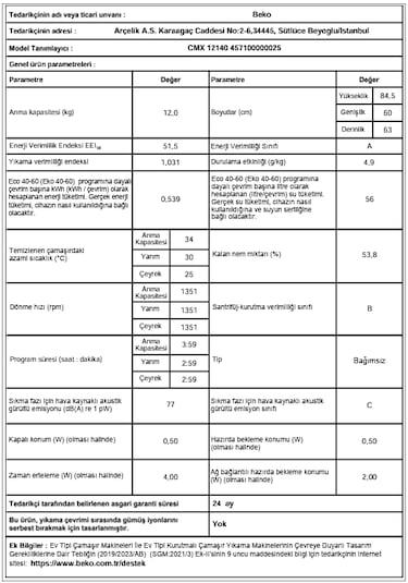 Beko CMX 12140 12 KG 1400 Devir Çamaşır Makinesi