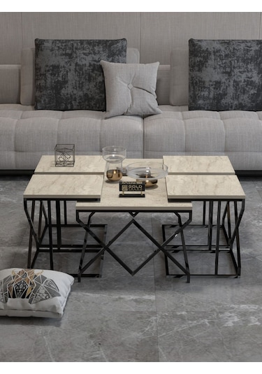 Orta Sehpa Ve Zigon Sehpa V Lüx 5'li Set Traverten Bej