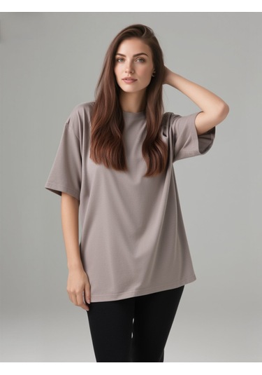 Enva Store Kadın Oversize Fit Yuvarlak Yaka Modal Basic T-shirt Tişört Bej