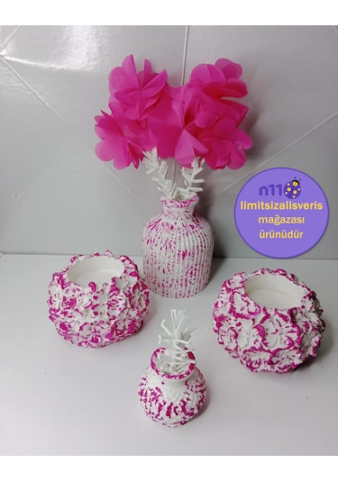 Dekoratif Fuşya Mumluk Çiçekli Vazo Süs Eşyası Biblo Takımı Fuşya