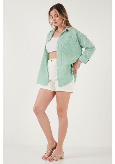 Lela Regular Fit Uzun Kollu Cepli Çizgili Bayan Gömlek 6772895 Benetton