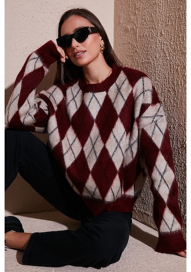 Lela Oversize Fit Bisiklet Yaka Baklava Desenli Yumuşak Dokulu Bayan Kazak 4616223 Bordo