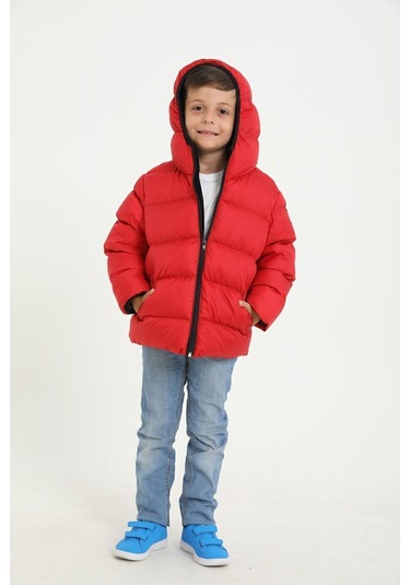 Freemen Erkek Çocuk Kırmızı Polarlı Kapüşonlu Su Geçirmez Rüzgara Dayanıklı Şişme Kışlık Mont Kırmızı