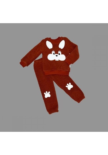 1-2-3 Yaş Kulaklı Tavşan Figürlü Kuzu Kumaş Sweat Pantolon Uzun Kollu Kız Erkek 2 Li Takımı Kahveren Kahverengi