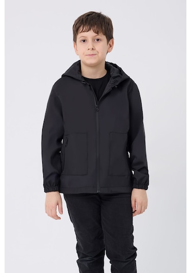 Erkek Çocuk Siyah İçi Astarlı Su Ve Rüzgar Geçirmez Kapüşonlu Çift Fermuarlı Cepli Mont Siyah