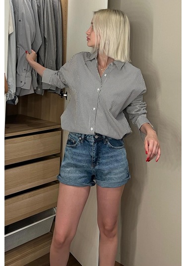 Madmext Siyah Çizgili Over Fit Gömlek Mg1525 Siyah