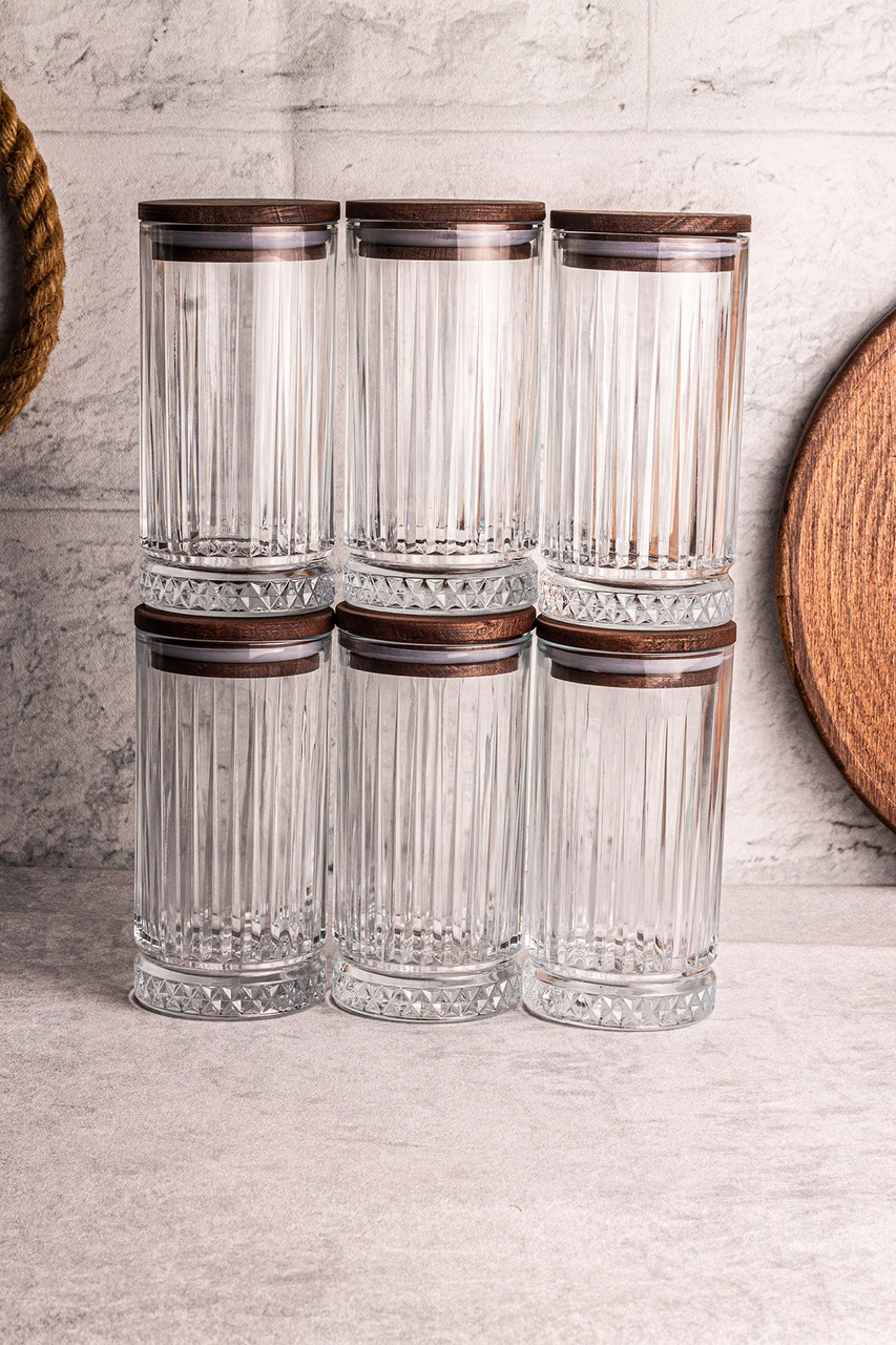 Mira 6'lı Ahşap Vakumlu Kapaklı Cam Saklama Kabı 450 Ml 6 Adet Ahşap