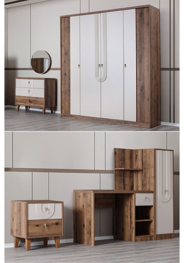 Megan Oda Takımı - 4 Kapaklı Dolap, Çalışma Masası, Şifonyer, Kitaplık, Komodin Çok Renkli