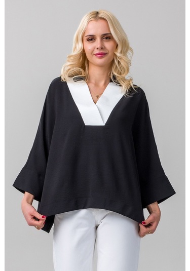 Kadın Gömlek Yakalı Yaka İndigo Mavi Kol Ucu Manşetli İnce Kot Kumaş Bluz Siyah