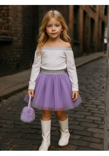 Kız Çocuk Beli Lastikli Tütü Etek-16227 Lila