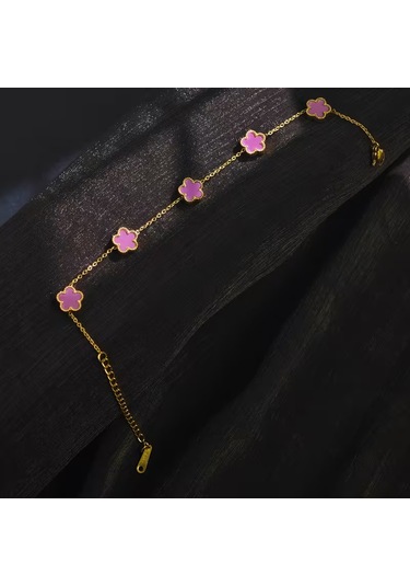 Çelik Bileklik Dört Yapraklı Küçük Yonca Pembe Sedef Taşlı Uzunluk 18 Cm Gold Altın - Gold