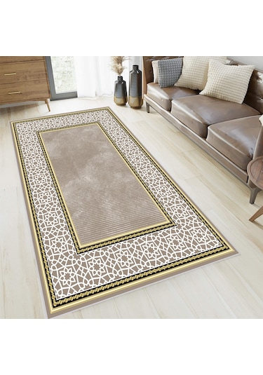 Rovigo Home Dijital Baskı Yıkanabilir Kaymaz Taban Salon Halısı Rvg0656 Kahverengi