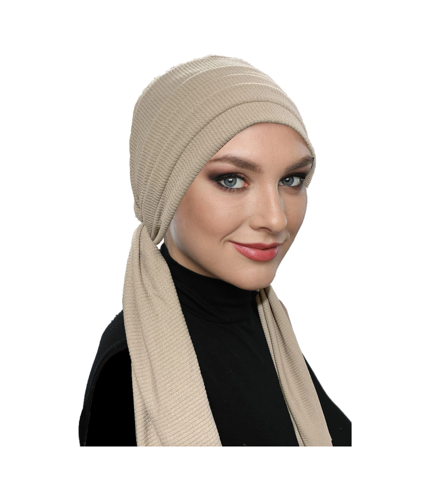 Fitilli Penye Bağlama Bej Hazır Türban Tesettür Bone Bej