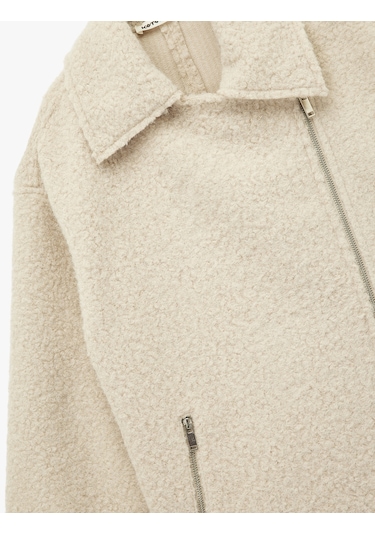 Koton Uzun Kollu Cepli Fermuar Detaylı Kısa Buklet Kaban Bej 6wak20198ew Ekru