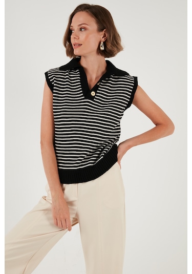 Lela Çizgili V Yaka Triko Bayan Süveter 4616171 Siyah-Krem