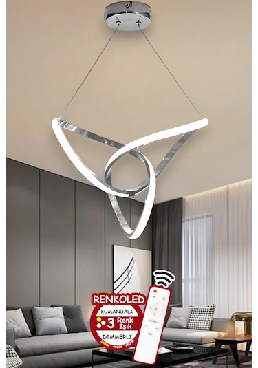 Kumandalı 3 Renk Işıklı Modern Sarkıt Led Avize Krom Kasa Salon, Krom