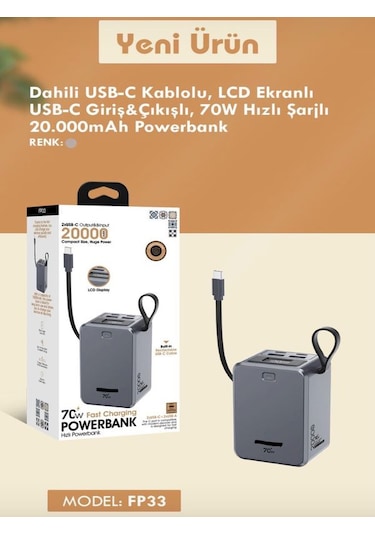 20000mah 70w Hızlı Şarj Powerbank Lcd Ekran 2x Usb + 2x Type-c Type-c Kablolu Çıkışlı Gri