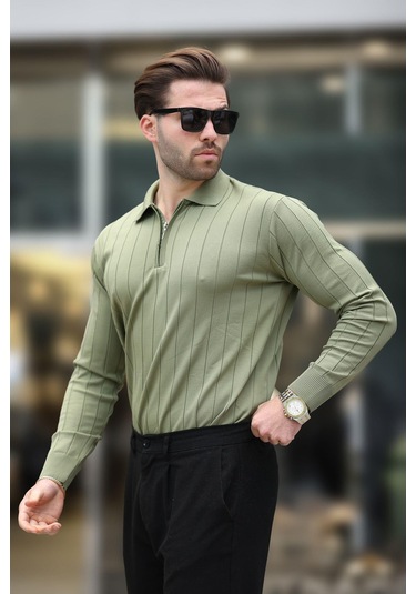 Haki Polo Yaka Fermuarlı Örme Kazak 7242 Haki