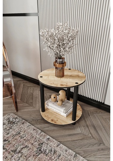 2 Katlı Dekoratif Yuvarlak Kitaplık Meşe Meşe