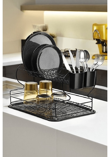 Siyah 2 Katlı Bulaşıklık – Dayanıklı Paslanmaz Metal Tabaklık, Termo Plastik Kaplama, Alt Tepsili - (TB-02 E)