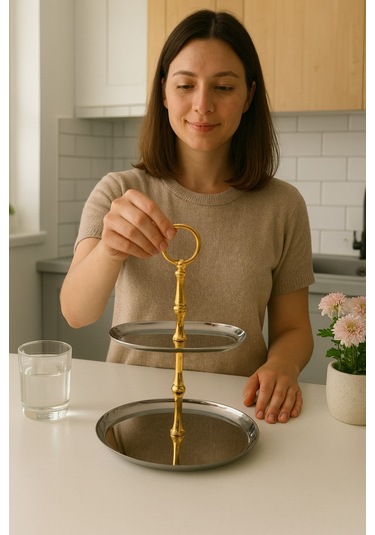 2 Katlı Yuvarlak Paslanmaz Çelik Sunumluk,kurabiyelik,makaronluk,söz,nişan Masa Aksesuarı,çeyizlik Gold